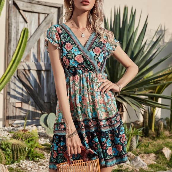 floral print v neck ruffle boho gypsy mini dress - Picture 11 of 13